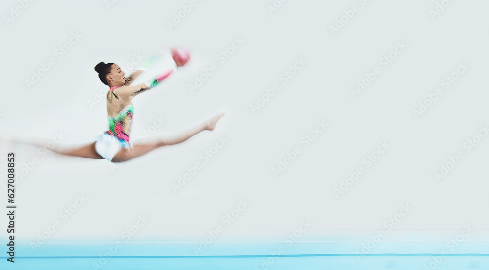 Gymnastics, jump and woman with ball in performance to exercise, train and mockup space. Sports, mov