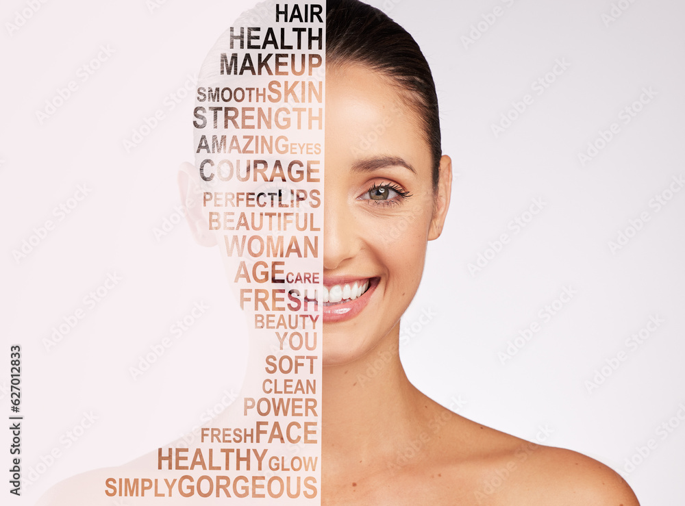 Beauty, makeup and text overlay with portrait of woman for cosmetics, natural and letter. Happy, moc