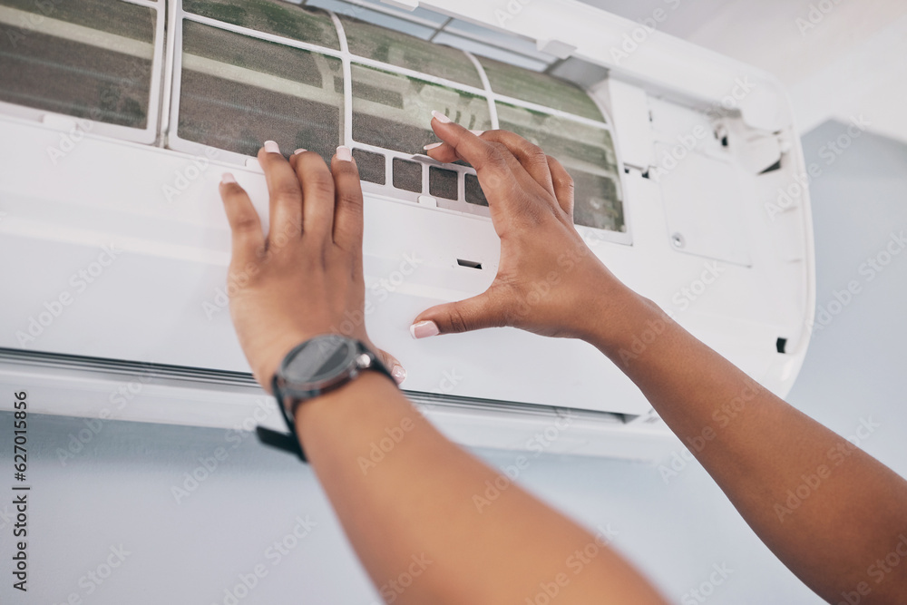 Hands of person, technician and ac repair for electrical system, fan maintenance and labor. Closeup 