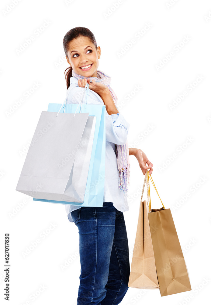 Woman, shopping bag and thinking in studio, white background and isolated retail product sales. Happ