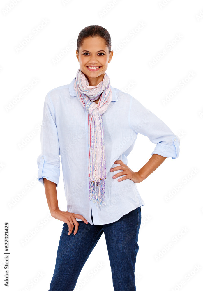 Portrait, fashion and advertising with a model black woman in studio isolated on a white background 