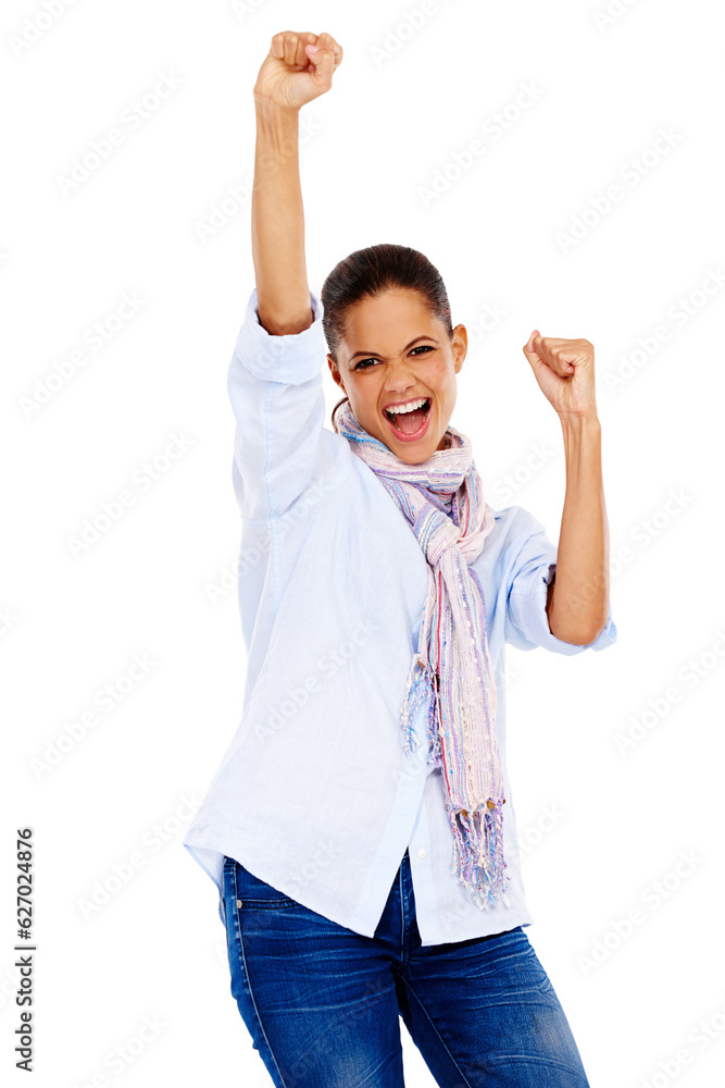 Winner, portrait and success celebration of woman in studio isolated on a white background mock up. 