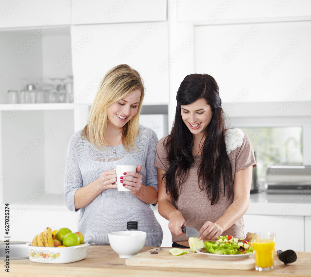 Food, friends and women in a kitchen with salad, vegetables and bonding in their home together. Frui