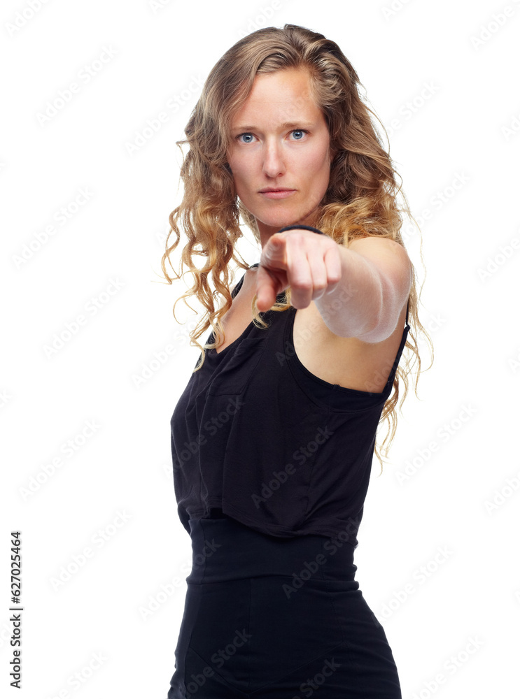 Confidence is a beautiful feature in a woman. Studio shot of an attractive woman pointing at the cam