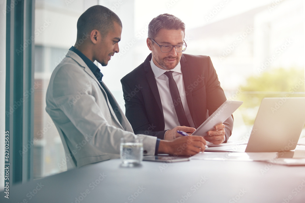 Tablet, teamwork and business men planning in conference room meeting, management and discussion of 