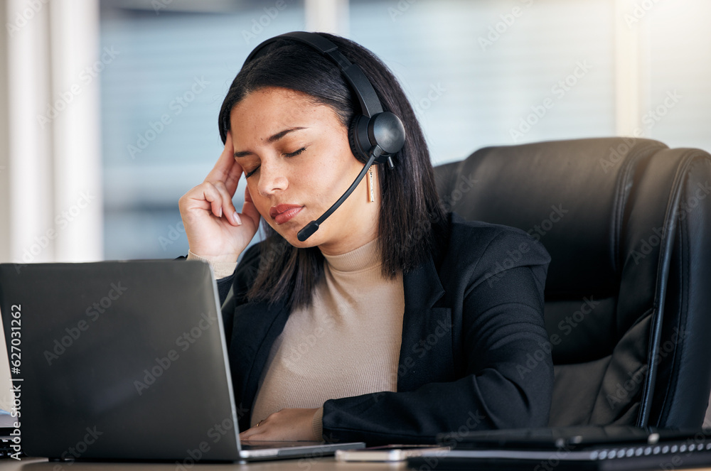 Tired woman, call center and headache in stress, mistake or client problem on laptop at office desk.