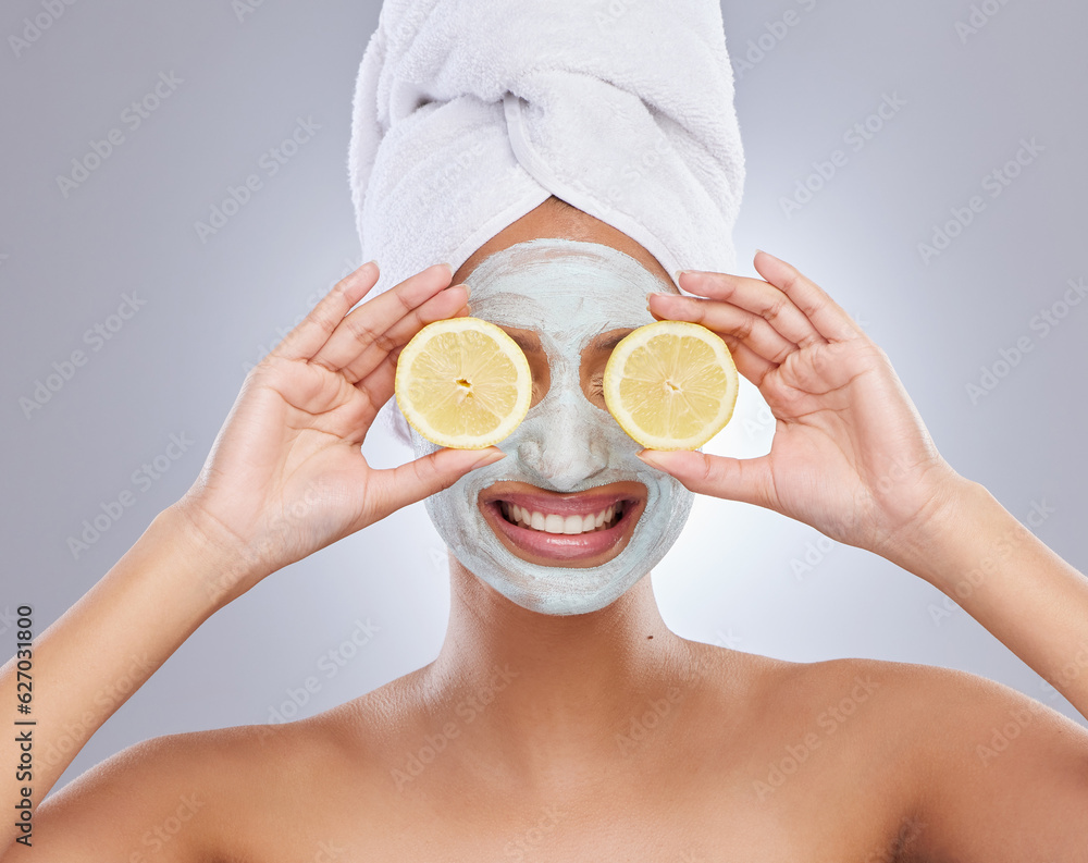 Mask, beauty and lemon with woman in studio for skincare, natural cosmetics and vitamin c. Self care