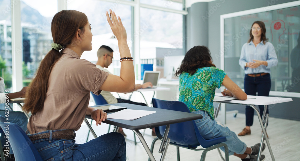 Student, question and woman in a classroom with lecture and studying for college. University class, 