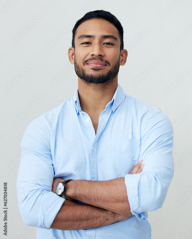 Accountant, portrait and business man with arms crossed in studio isolated on white background. Face