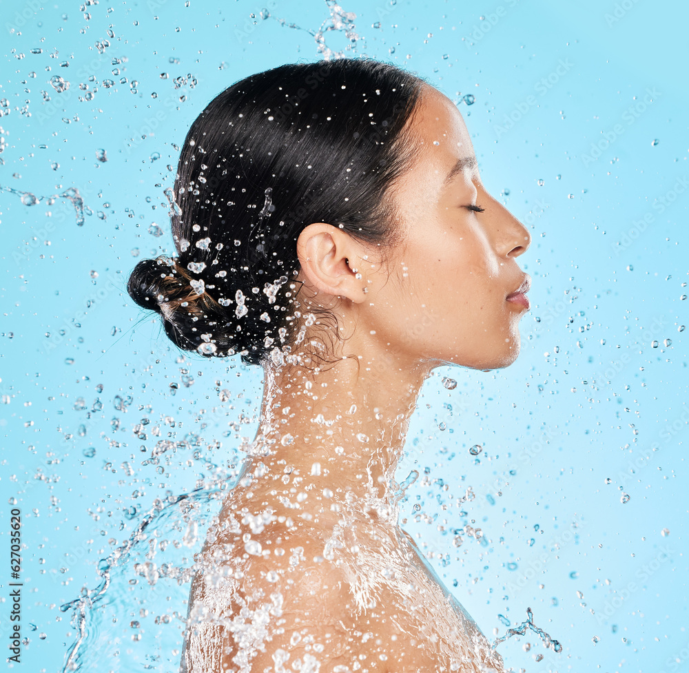 Beauty, water and face profile of woman on blue background for wellness, healthy skin and cleaning. 