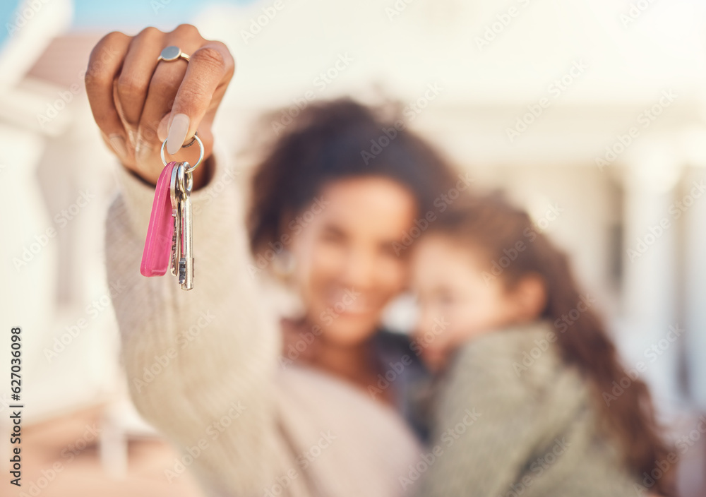 Hand, real estate and a person with keys to a house for a property for a child and single mother. Re