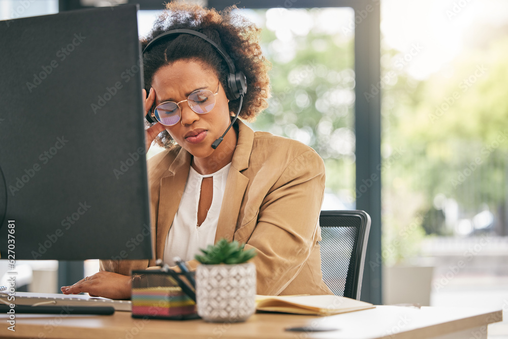 Stress, call center and headache of woman at computer in customer service agency with pain, burnout 