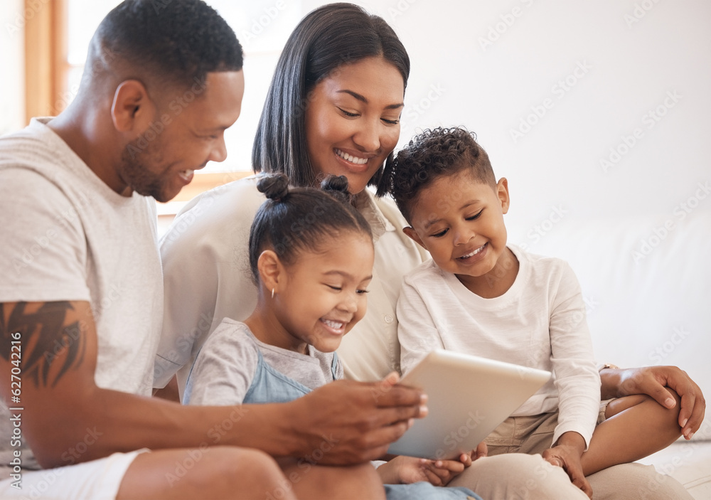 Happy family, tablet and streaming in home living room, bonding and care. Technology, smile and kids