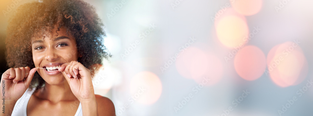 Black woman, dental floss portrait and space for mockup, smile and happiness with afro, self care an