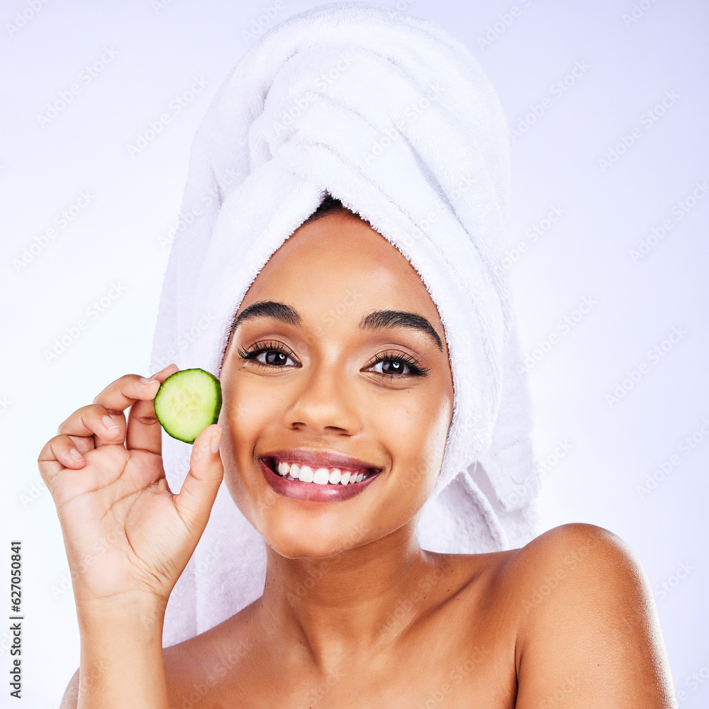 Skincare, cucumber and portrait of Indian woman in studio happy with detox, wellness or hydration tr