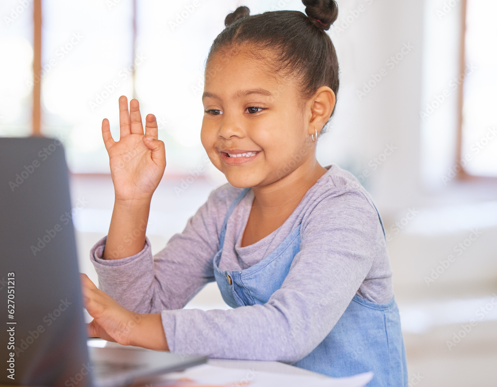 Video call, computer and child or girl for home education, e learning and online class for kindergar