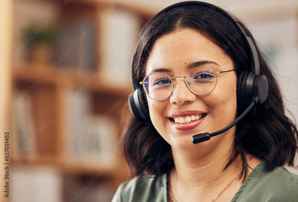 Customer service, call center and portrait of a woman in the office with a headset working on an onl