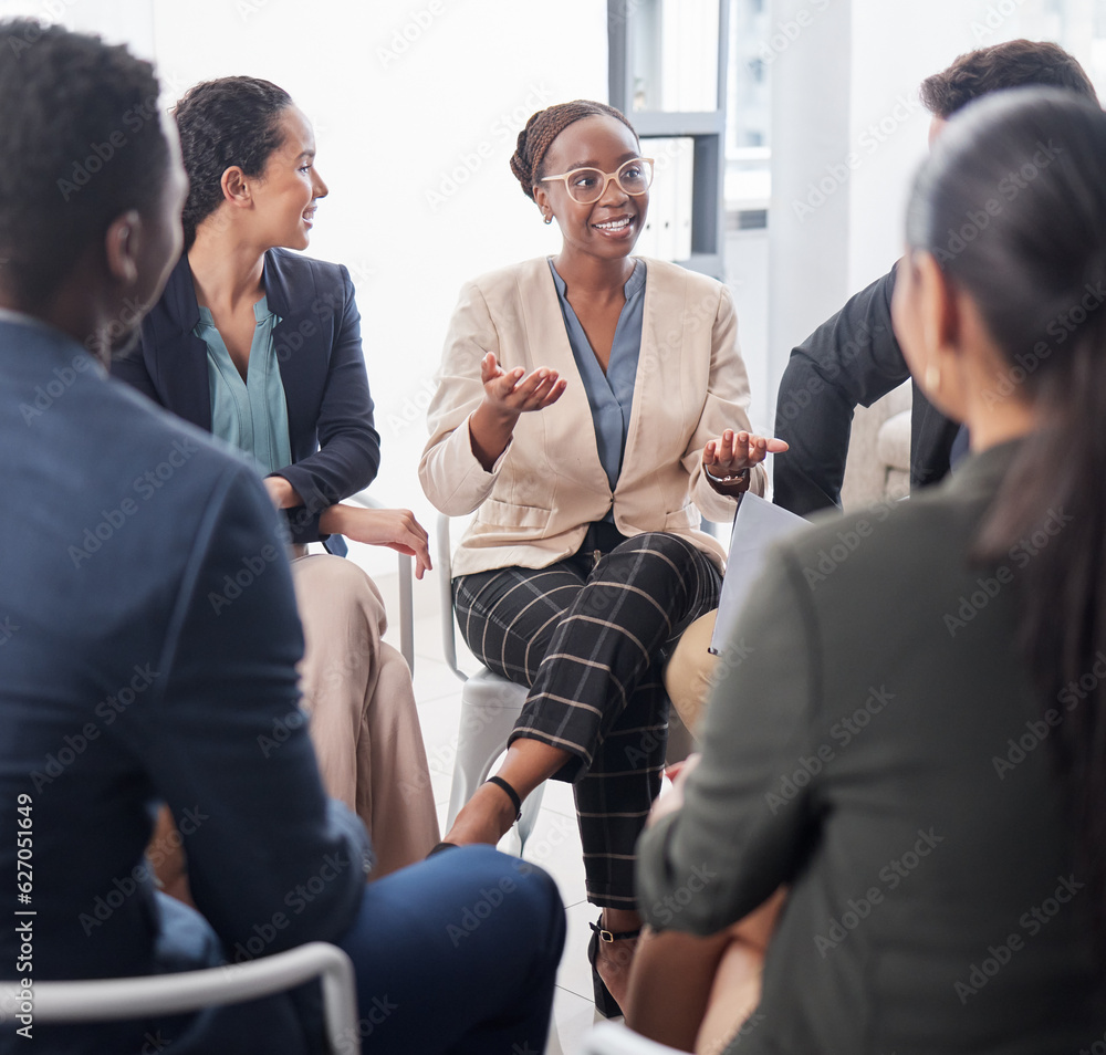 Business, meeting and black woman in discussion circle for team building, planning and collaboration