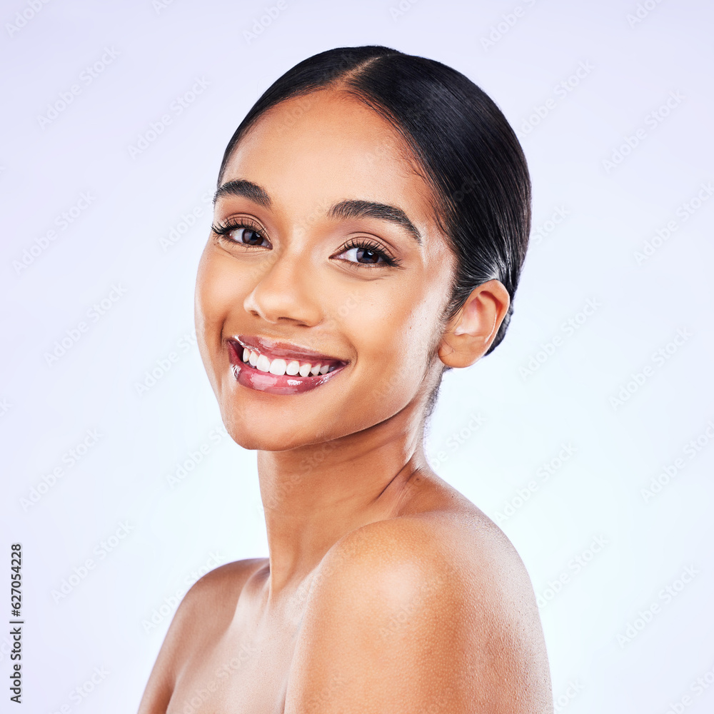 Portrait, beauty and smile with a model woman in studio on a gray background for natural wellness. F