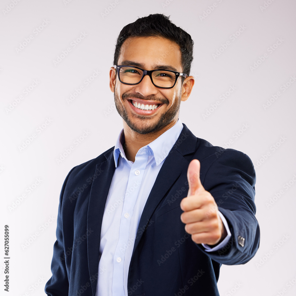 Smile, glasses and thumbs up by businessman happy and accept vision isolated against a white studio 