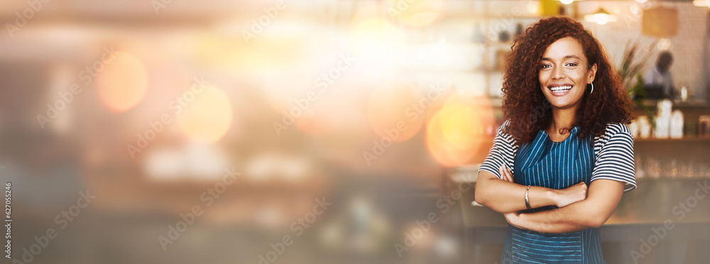 Black woman, portrait and barista with arms crossed on bokeh and smile in small business at coffee s