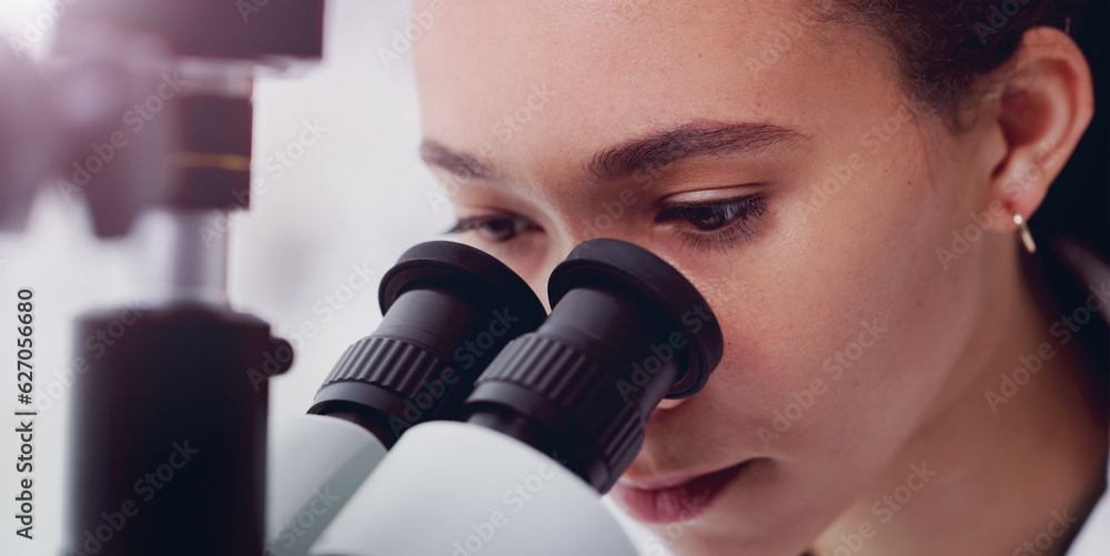 Science, focus and microscope with woman in laboratory for expert research, medical and planning. Te