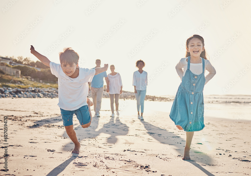 Happy, excited and children playing on the beach on family vacation, holiday or adventure in summer.