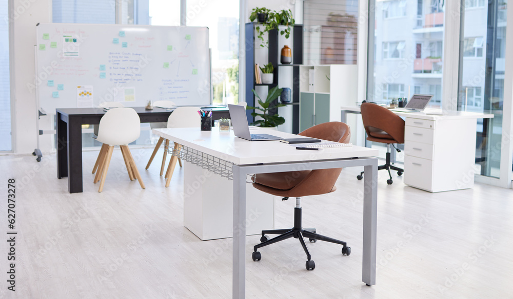 Presentation, workspace and conference room with table and whiteboard, interior of business office o