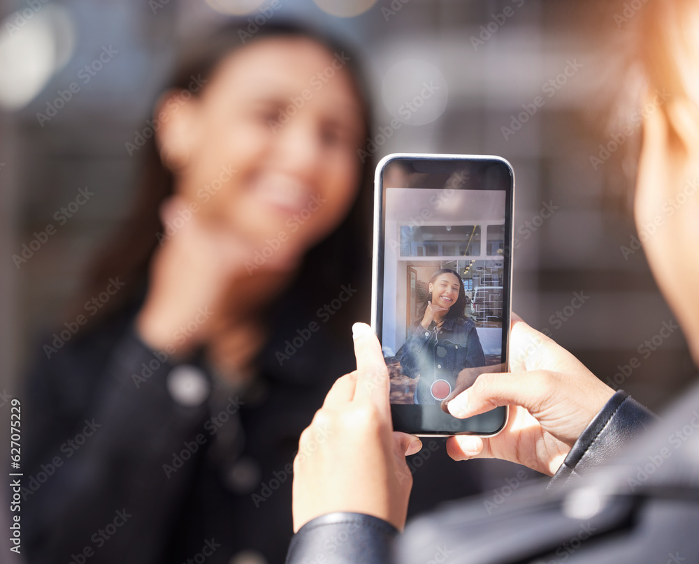 Woman, phone screen and photographer with smile, city and excited for video, post or update for soci