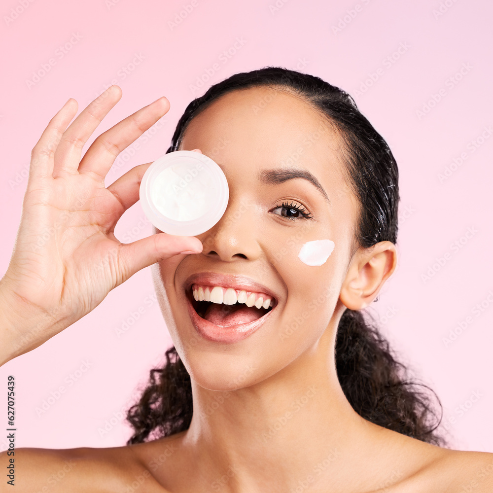 Cream, beauty and portrait of woman with jar for wellness, facial treatment and cosmetics in studio.