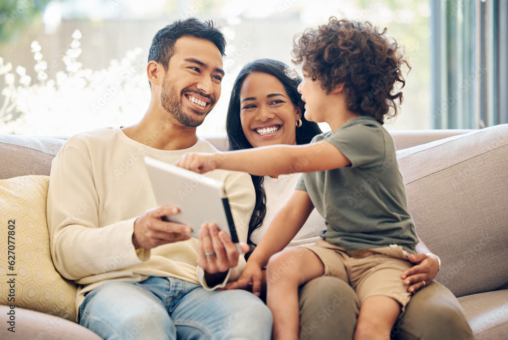 Family, tablet and child learning on a home sofa with happiness, development and internet connection