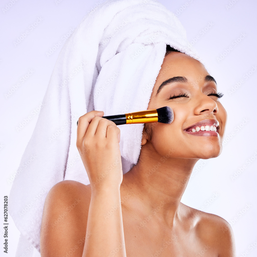 Beauty, smile and Indian woman with makeup brush studio for glamour, cosmetics and application on gr