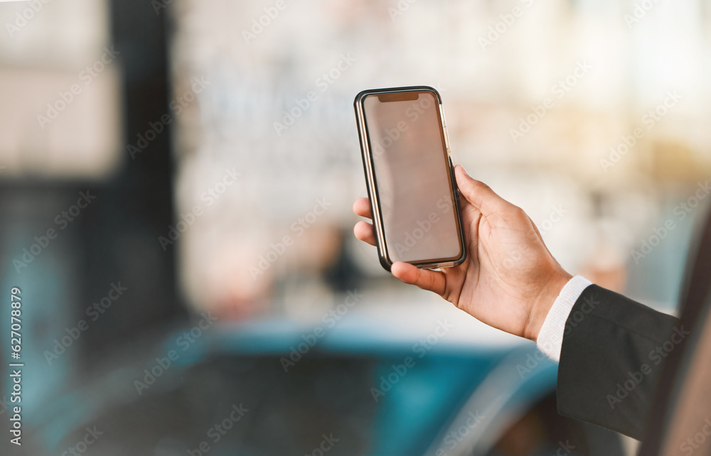 Closeup, business and man with a smartphone, city and connection with social media, travel and mocku