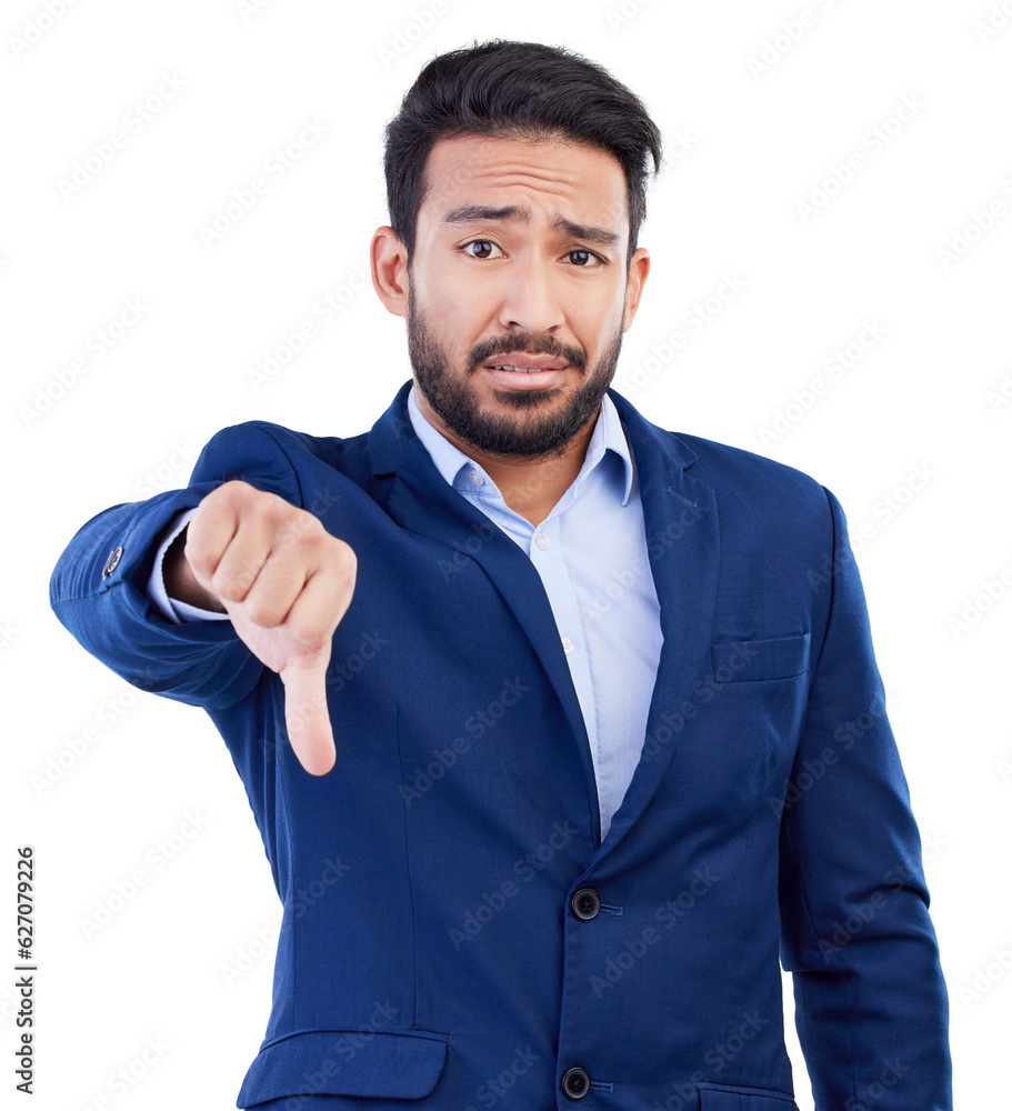 Thumbs down, fail and portrait of business man in studio reject bad news, emoji sign and white backg