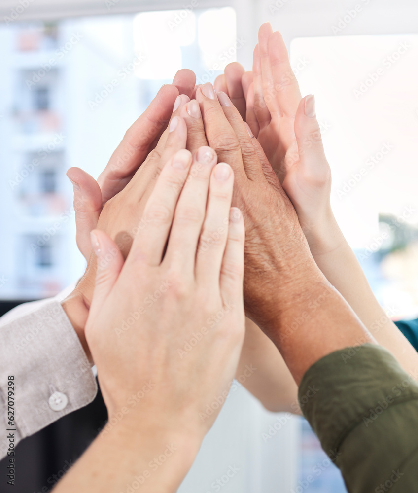 High five, teamwork and business people or group celebration, success and collaboration for goals or