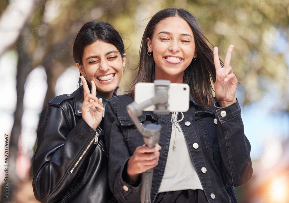 Wink, selfie and peace sign with friends in city for social media, happy and support. Happiness, pro