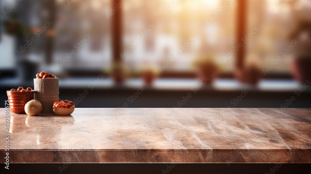 Empty wooden tabletop, bokeh view of modern kitchen interior. Product and food display Generative ai