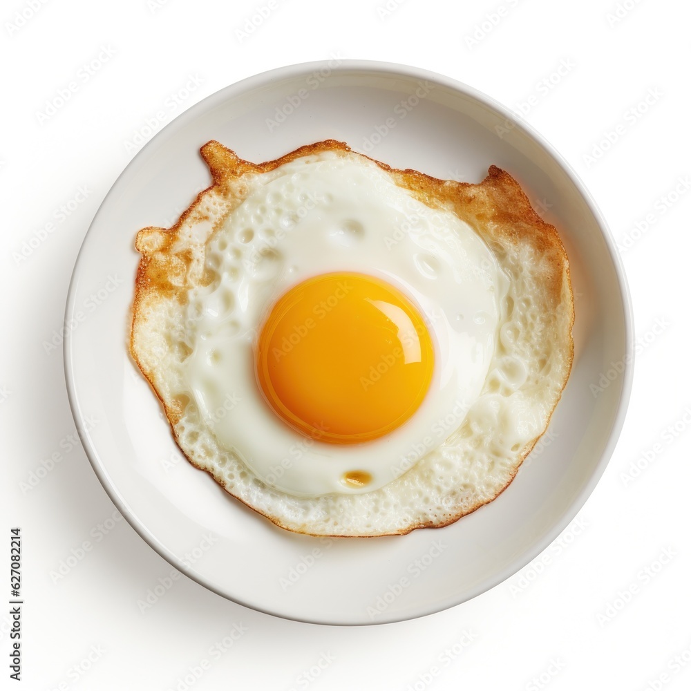 Fried egg on white plate isolated