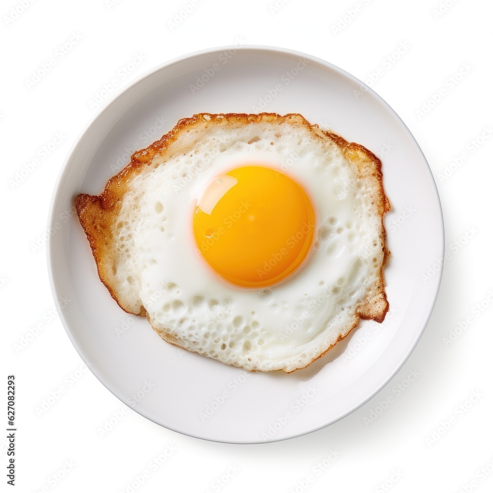 Fried egg on white plate isolated