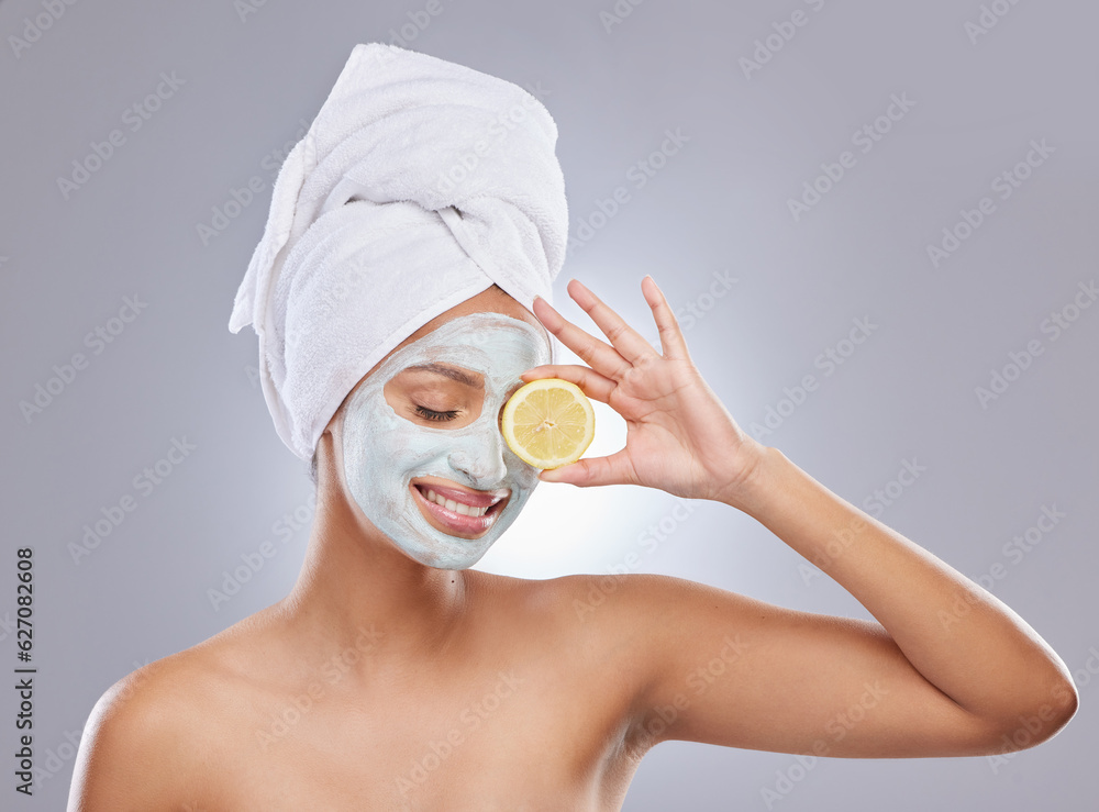 Mask, skincare and lemon with woman in studio for beauty, natural cosmetics and vitamin c. Self care