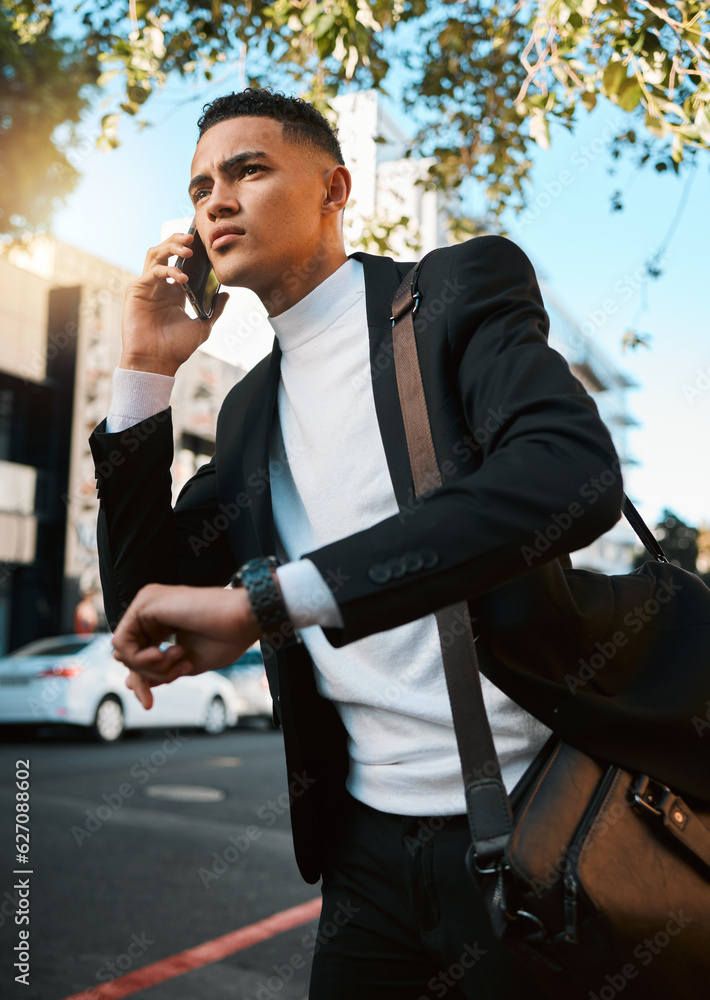 Business man, phone call and city with a watch, talking or contact with connection, check time or de