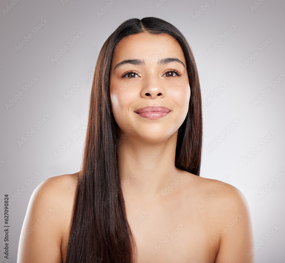 Woman face, hair and beauty with hairstyle and shine, haircare and growth isolated on studio backgro