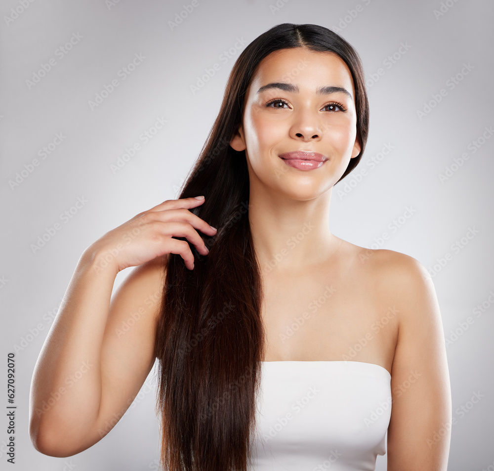 Woman with smile in portrait, hair and beauty with hairstyle and shine, haircare and growth isolated