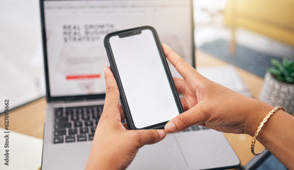 Hands, phone and mockup with a woman in her home for research, communication or remote work as a fre