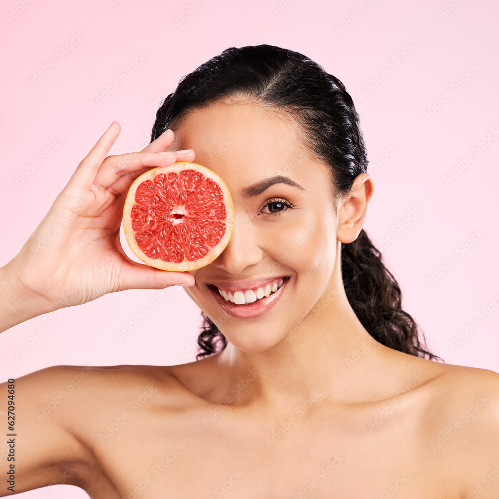 Beauty, grapefruit and face of a happy woman with skin care, dermatology and natural glow. Portrait 