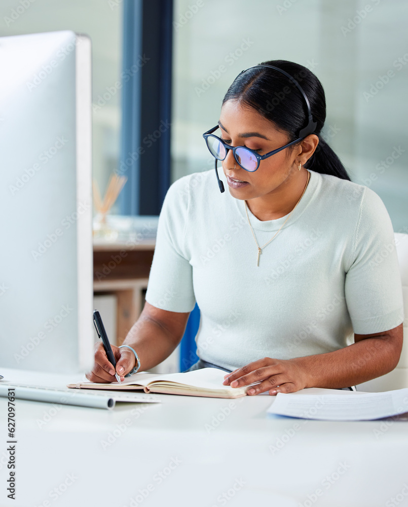 Crm consultant, woman writing and call center staff in a office with telemarketing information. Work