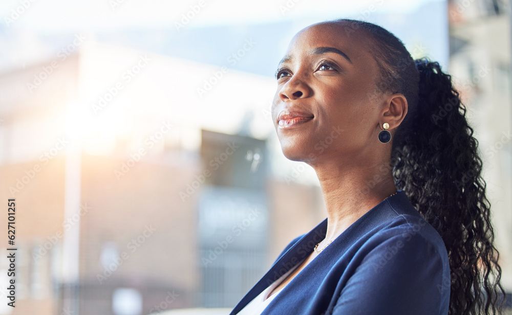 Office professional, face and thinking black woman, bank consultant and brainstorming plan, ideas or