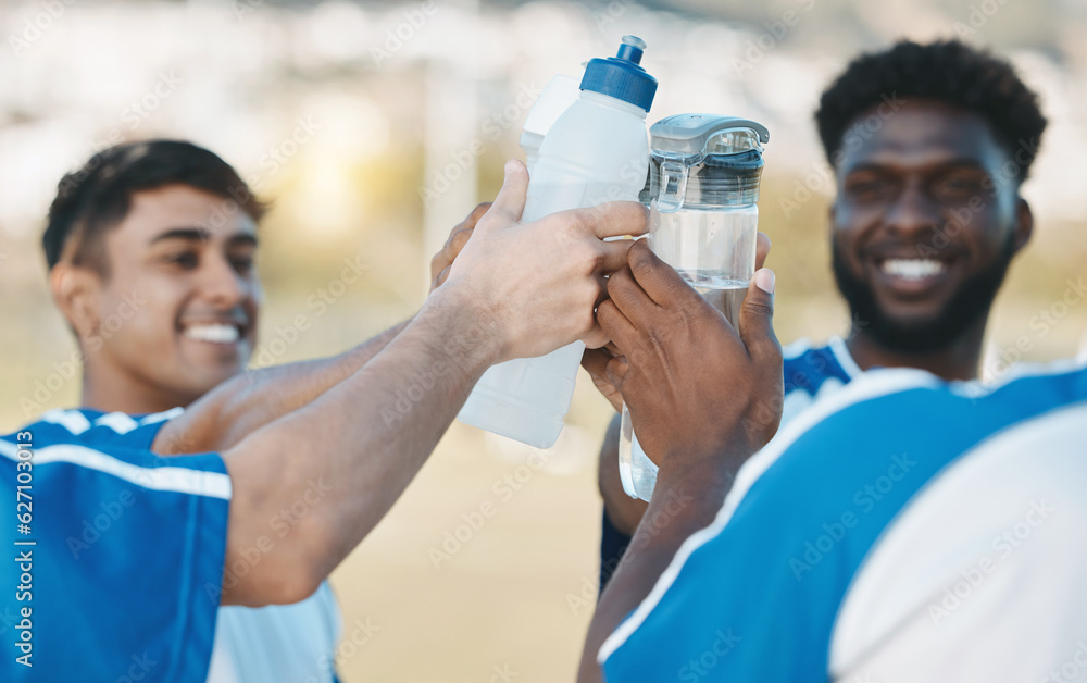 Success, happy and men in soccer with water bottle after a game, sports win or celebration after tra