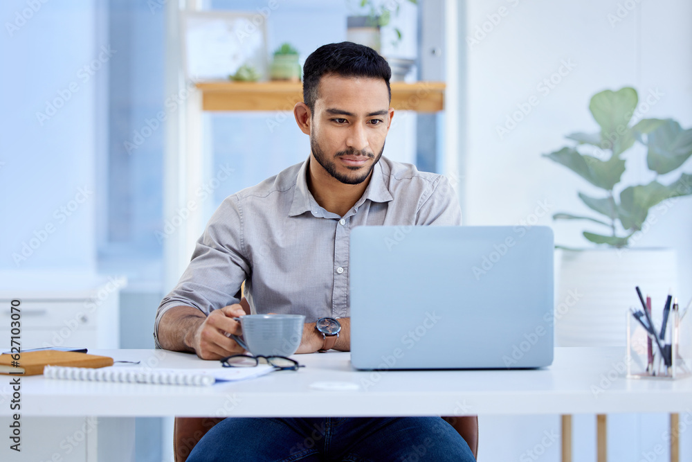 Coffee, businessman with laptop and at his desk in a office at workplace. Project management plannin