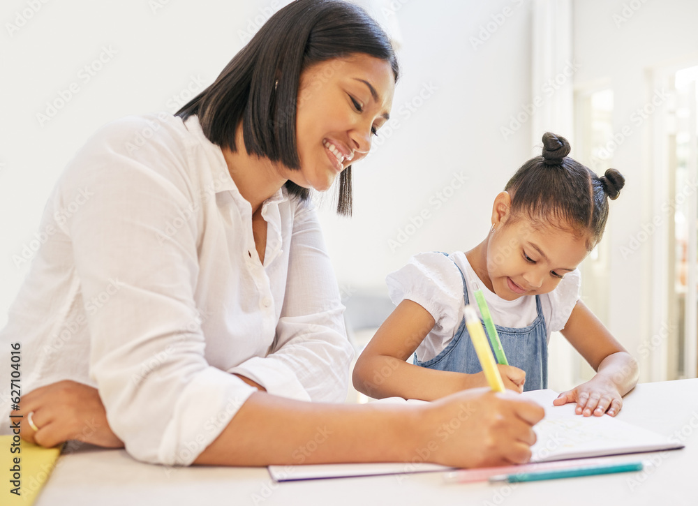 Education, homework or learning with a mother and daughter in their house together for home schoolin